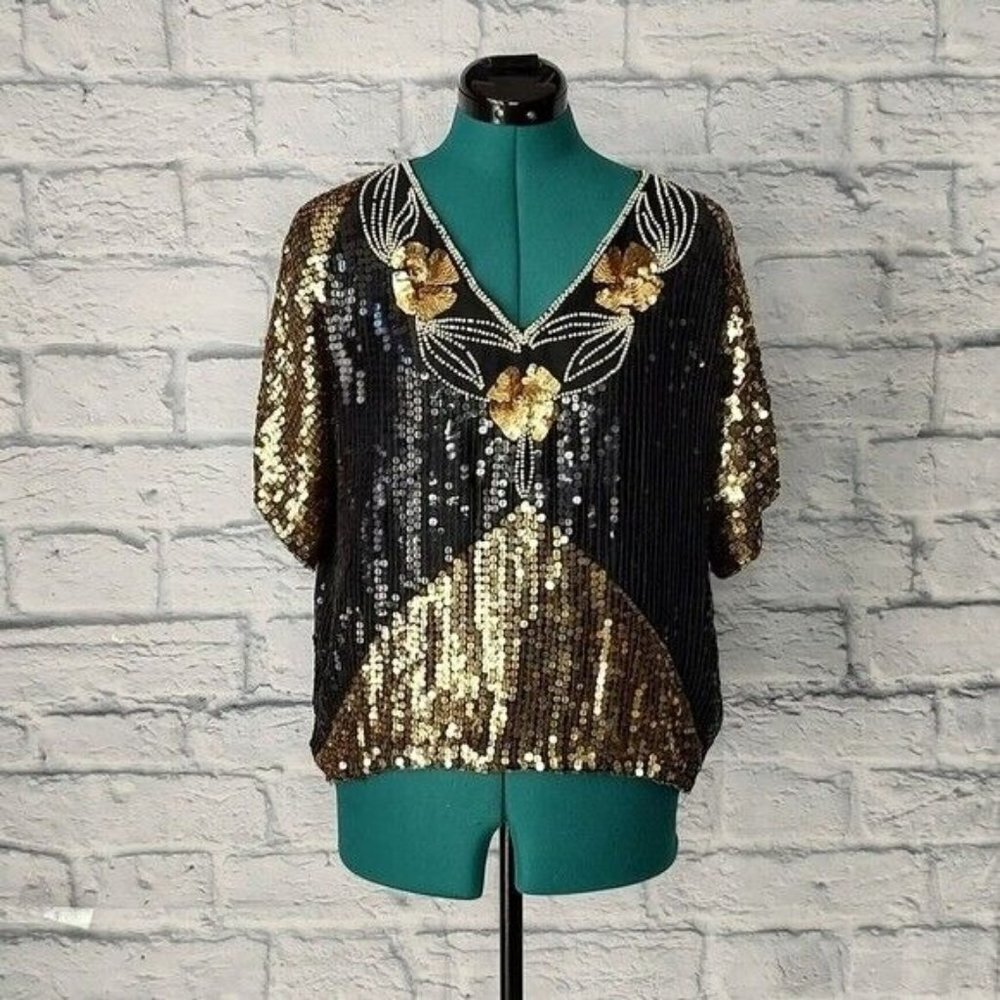UNBRANDED women's Vintage sequin beaded V-neck top Sz M
